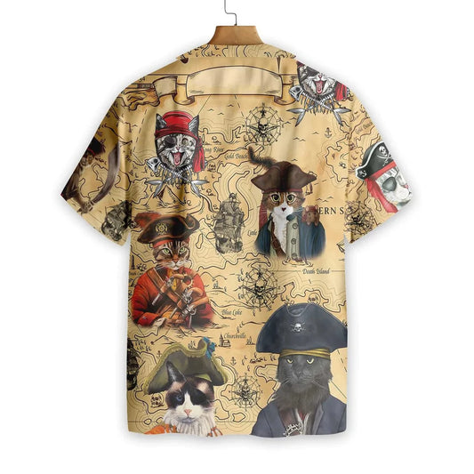 Pirate Cat Hawaiian Shirt, Cat Apparel, Cat Captain Hawaiian Button Up Shirt, Gift For Cat Lover, Aloha shirt, Vintage Hawaii Beach Shirt