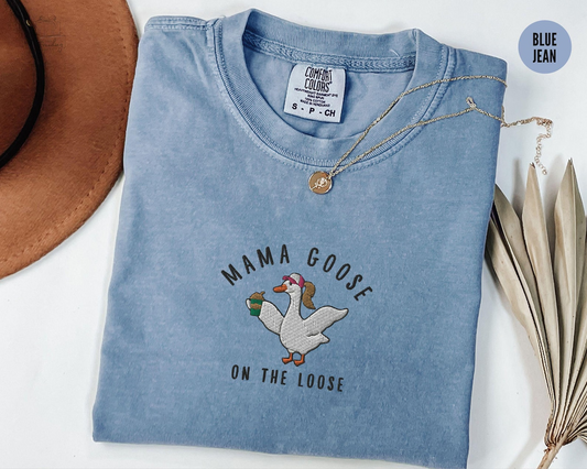 Embroidered Mama Silly Goose Shirt, Coffee Lover Mom Tshirt, Funny Goose Gift for Mom,New Pregnancy Announcement Tee,Iced Coffee Tee for Mom