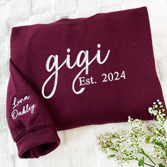 Personalized Gigi Sweatshirt, Custom Embroidered with Grandkids Names on Sleeve, Perfect Gift for Gigi