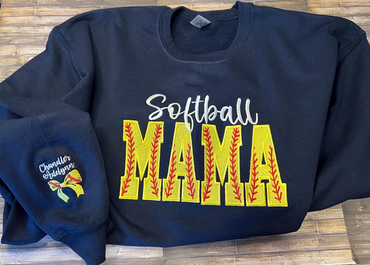 Softball Mama With names on sleeve and cute Softball bow Embroidered crewneck Gift for Mom Gift for her Personalized Custom softball shirt