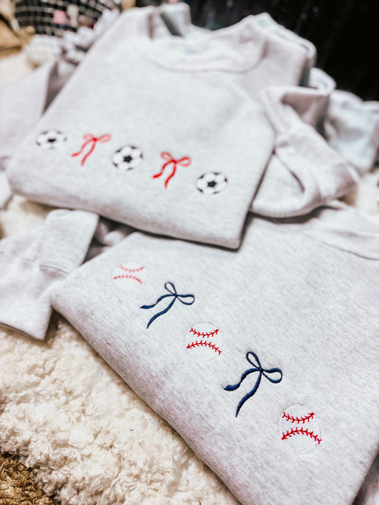 Custom Sports Coquette Bow Embroidered Sweatshirt or Tee / Baseball Mom Tee / Sports Mom Sweatshirt