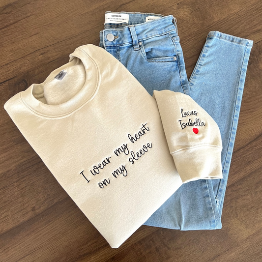 I Wear My Heart On My Sleeve, Embroidered Custom Mama Shirt With Kids Names, Pregnancy Reveal Hoodie Gift For New Mom, Mother's Day Gift