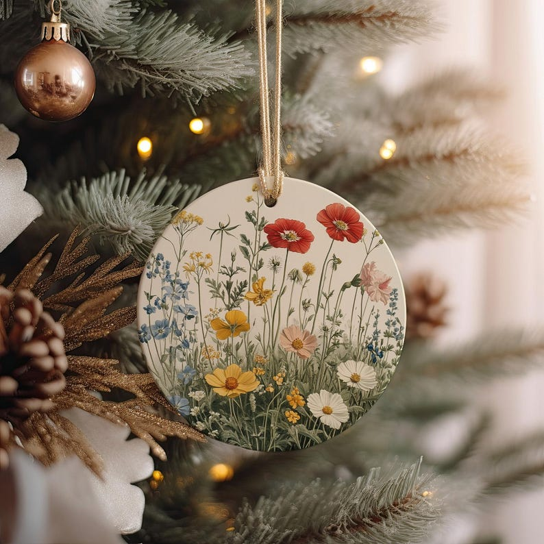 Botanical Ceramic Ornament, Wildflower Illustration, Handmade Decor, Unique Gift, Nature Lover, Christmas Ornament Gift