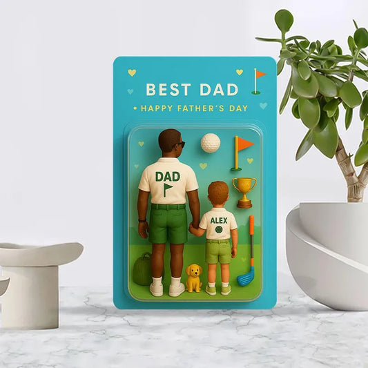 Custom Father & Kid Golf Figurine with Trophy and Pet – Unique Golf Dad Acrylic Gift Block – Father’s Day Keepsake from Son