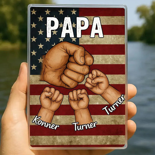 Papa Acrylic Block Gift – Personalized Fist Bump with Kids Display, American Flag Background, Custom Father’s Day or Grandpa Keepsake