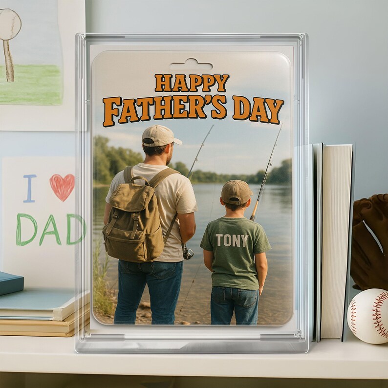 Personalized Father’s Day Gift – Fishing Acrylic Block with Dad and Son by the Lake – Custom Keepsake for Outdoorsman and Nature-Loving Dads