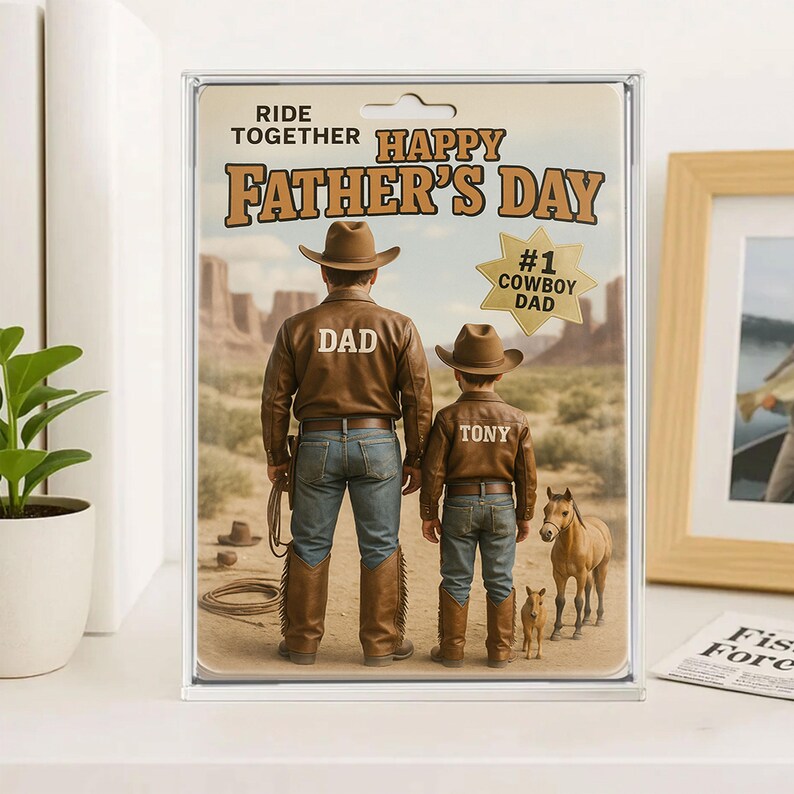 Personalized Father’s Day Gift – Cowboy Dad Acrylic Block with Western Outfit and Horses – Custom Keepsake for Country-Loving Father and Son