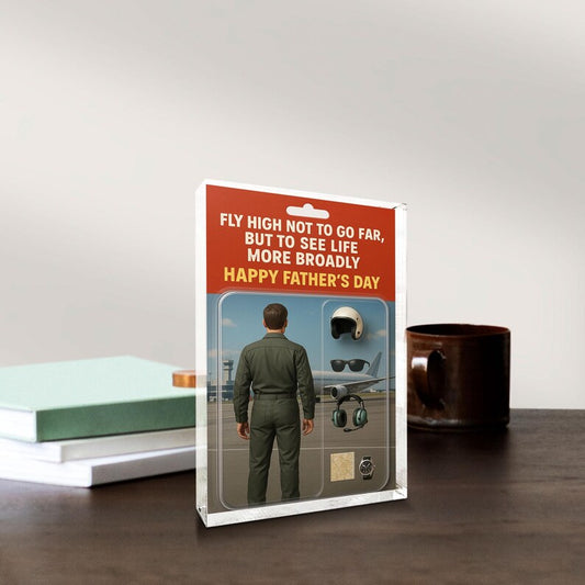 Personalized Pilot Dad Acrylic Block – Father’s Day Gift for Aviator | Custom Flight Suit Display with Helmet, Map & Airport-Themed Keepsake