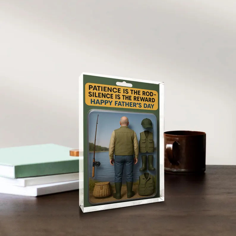 Personalized Fishing Dad Acrylic Block– Father’s Day Gift for Outdoor Lover | Custom Rod, Vest & Lake Display Keepsake for Patient Fisherman