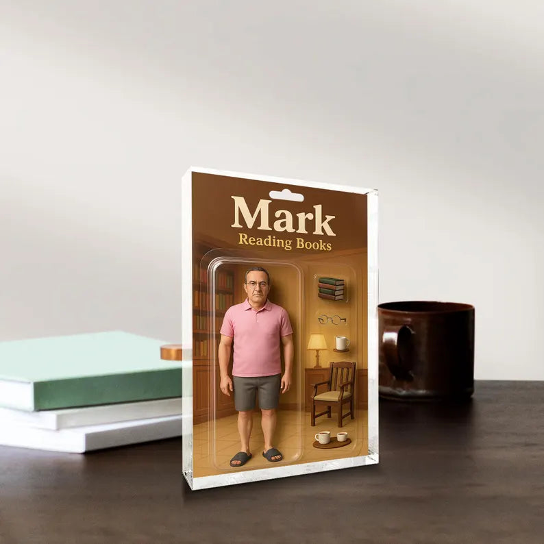 Personalized Gift for Book-Loving Dad or Grandpa – Custom Acrylic Block with Name – Reading Books Figurine – Father’s Day or Birthday Gift