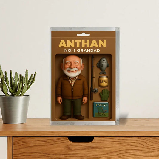 Personalized No.1 Grandad Acrylic Block – Cute Fisherman Figurine with Rod, Fish & Beer – Fishing Gift for Grandpa, Father’s Day Keepsake