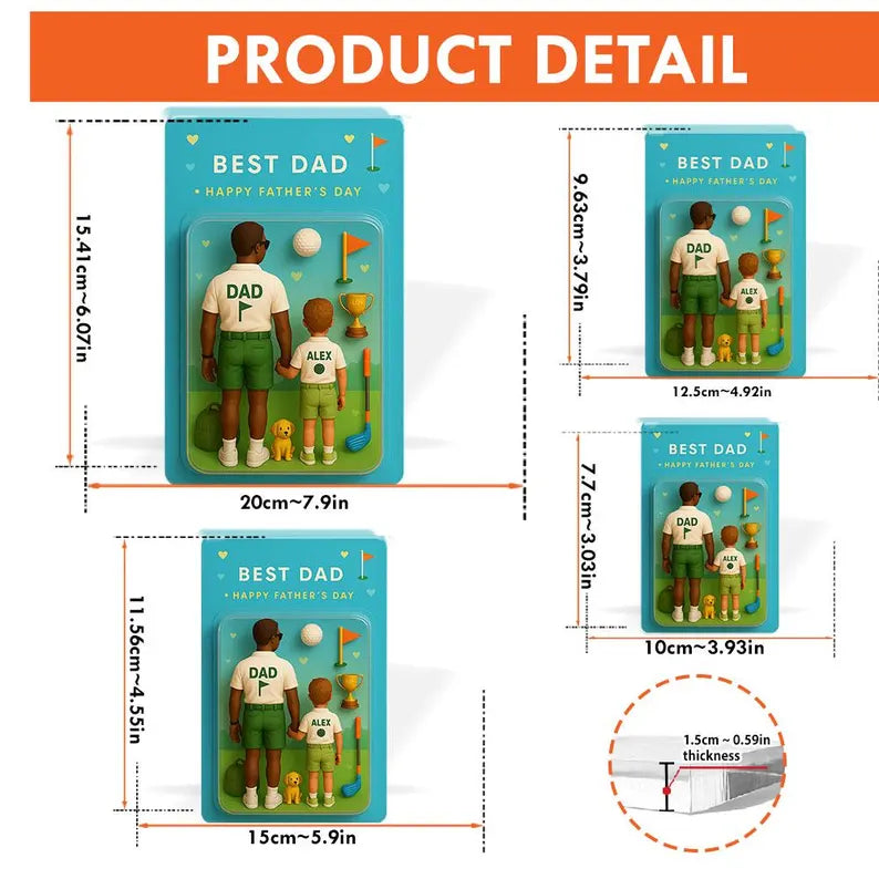 Custom Father & Kid Golf Figurine with Trophy and Pet – Unique Golf Dad Acrylic Gift Block – Father’s Day Keepsake from Son