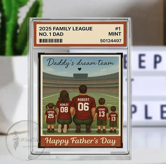 American Football Daddy's Dream Team No. 1 Dad Man & Kids Sitting Trading Card Style Personalized Acrylic Block Plaque, Gift for Dad,Husband