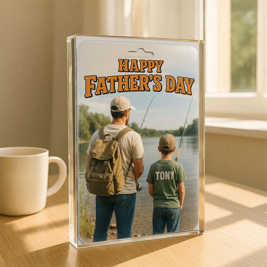 Personalized Father’s Day Gift – Fishing Acrylic Block with Dad and Son by the Lake – Custom Keepsake for Outdoorsman and Nature-Loving Dads