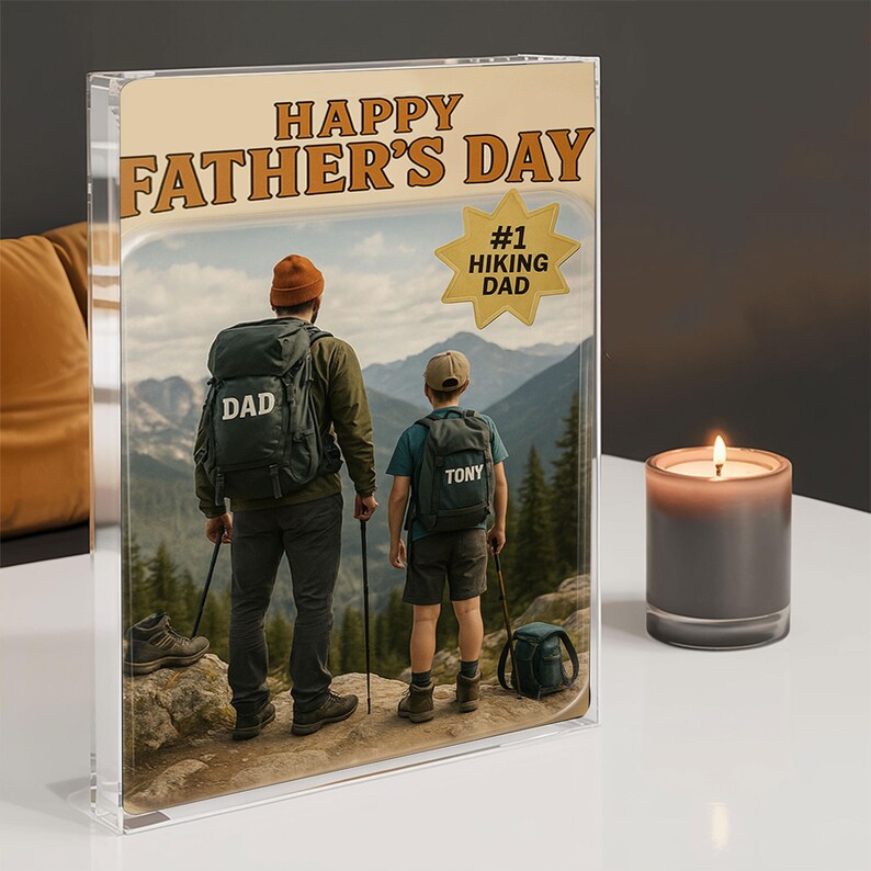 Personalized Father’s Day Gift – Hiking Dad Acrylic Block with Mountain Scene – Custom Keepsake for Outdoor-Loving Father and Son Adventure