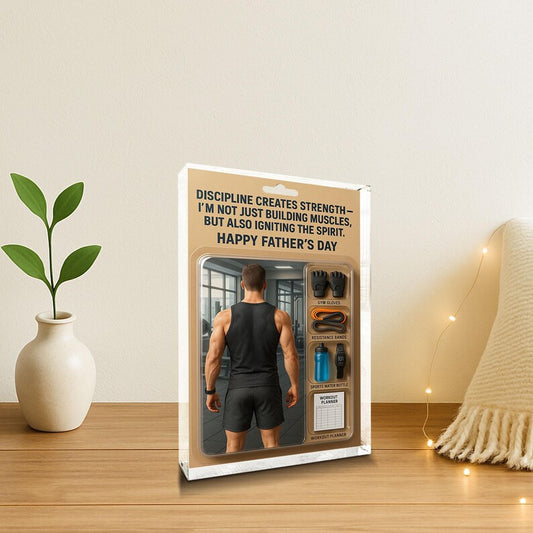 Personalized Fitness Dad Acrylic Block – Father’s Day Gift for Gym Lover | Custom Workout Display with Gloves, Planner, Bands & Water Bottle