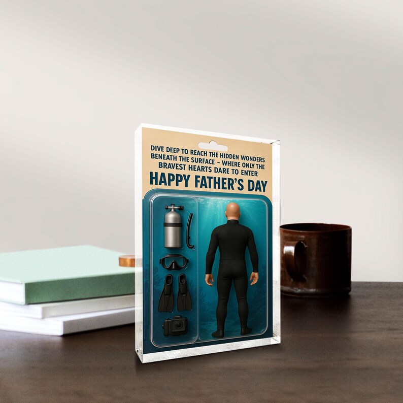 Personalized Scuba Diver Dad Acrylic Block –Father’s Day Gift for Ocean Lover | Custom Diving Gear Display Keepsake for Brave Underwater Dad