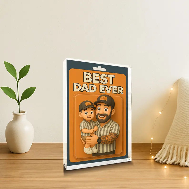 Personalized Best Dad Ever Acrylic Block –Unique Gift for Dad Featuring a Dad and Child Figurine in Matching Outfits, Celebrating Fatherhood