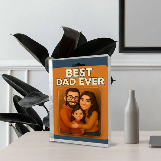 Personalized heartfelt ‘Best Dad Ever’ acrylic block featuring a warm family embrace—perfect gift for Father’s Day or any special occasion