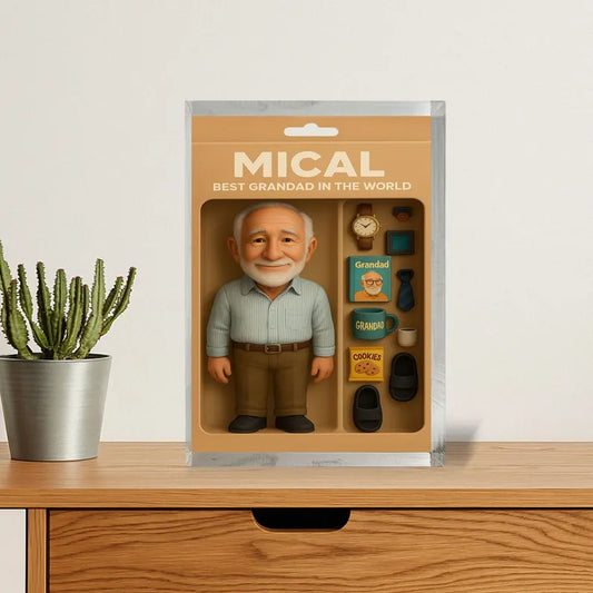 Personalized Acrylic Block - 'Best Grandad in the World' Figurine with Accessories, Perfect Gift to Celebrate Your Beloved Grandfather