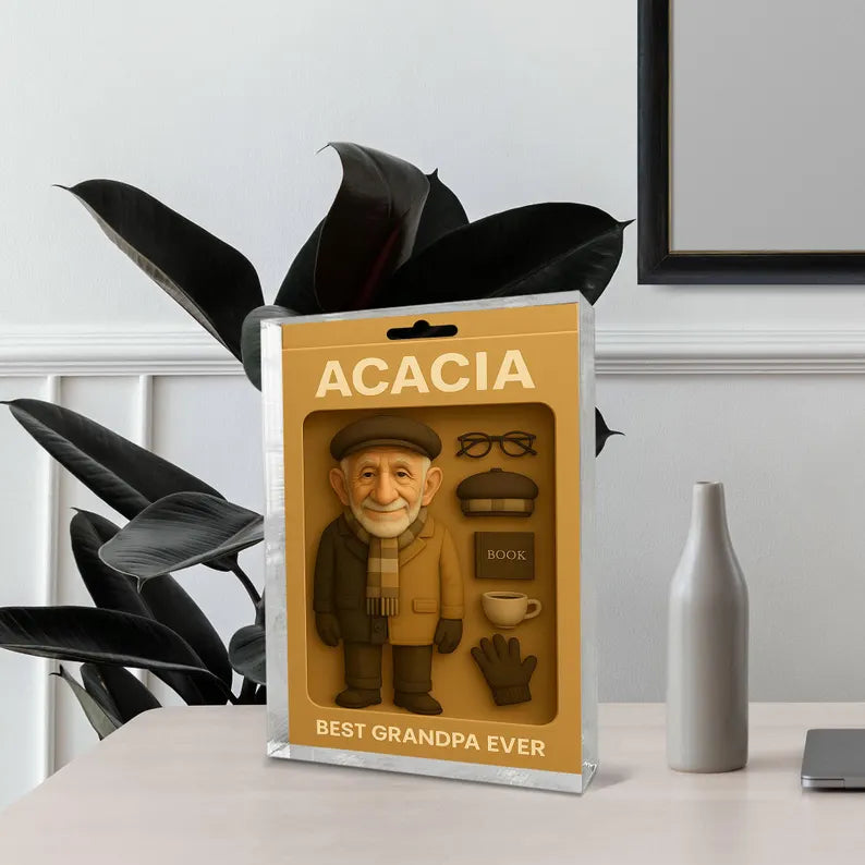 Personalized Best Grandpa Ever Acrylic Block – Cute Figurine with Book, Hat, Mug – Unique Gift for Grandpa, Father’s Day Decor