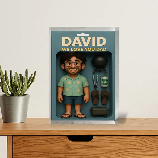 Personalized Best Dad Acrylic Block – Cute Summer Figurine with BBQ Grill, Beer, Flip Flops – Father's Day Gift from Kids or Family