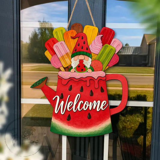 Summer Gnome Welcome Door Sign, Watermelon Watering Can with Popsicles, Cute Wooden Porch Hanging for Front Door or Outdoor Decor
