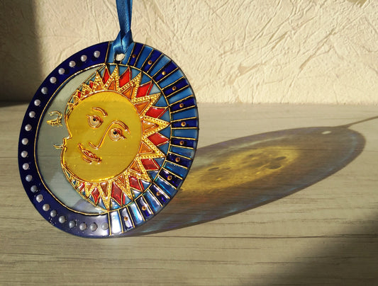 Suncatcher for window Sun Moon Celestial Stained Glass Painting Hanging Sun Catcher