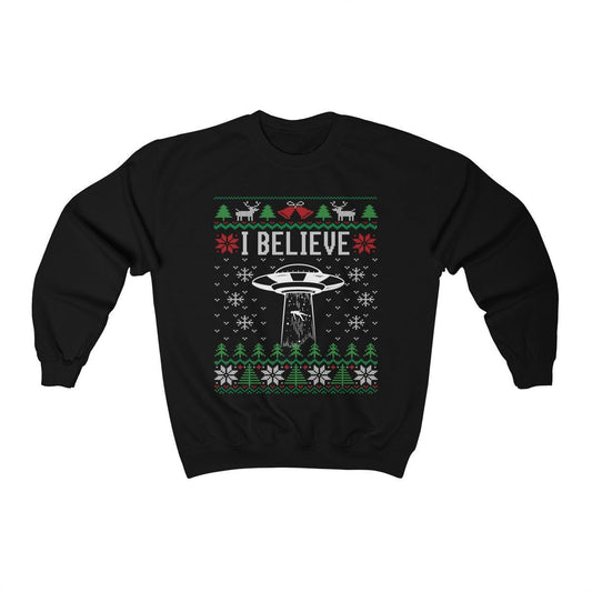 I Believe Ufo Ugly Christmas Sweatshirt, Alien Believer Gift, Alien Abduction Graphic Shirt, Space Lover Xmas Gift Unisex Heavy Blend Cre