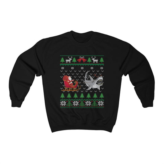 Great White Shark Pulling Santa's Sleigh | Funny Shark Themed Ugly Christmas Sweatshirt | Shark Lover Gift | Christmas Shark Shirt