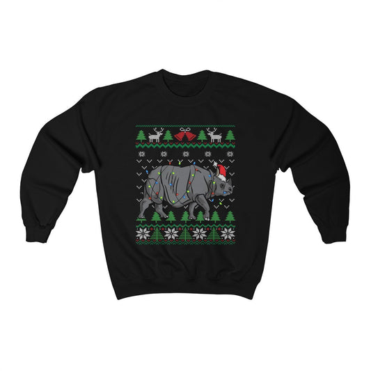 Rhino Themed Ugly Christmas Sweatshirt, Rhino Santa Hat Wrapped in Christmas Lights, Rhinoceros Shirt, Funny African Wildlife Lover Gift