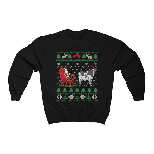 Milk Cow Pulling Santa's Sleigh | Funny Cow Themed Ugly Christmas Sweatshirt | Cow Lover Gift | Christmas Dairy Farmer Shirt | Cow Owner