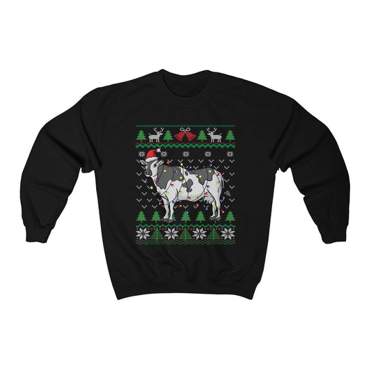 Cow Themed Ugly Christmas Sweatshirt, Cow Santa Hat Christmas Lights Shirt, Funny Milk Cow Lover, Dairy Farmer Family Gift, Farm Mom & Dad