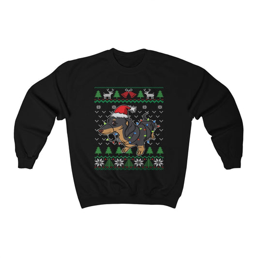 Cute Dachshund Ugly Christmas Sweatshirt, Dachshund Santa Hat Wrapped in Christmas Lights, Funny Wiener Dog Lover & Owner Gift Shirt