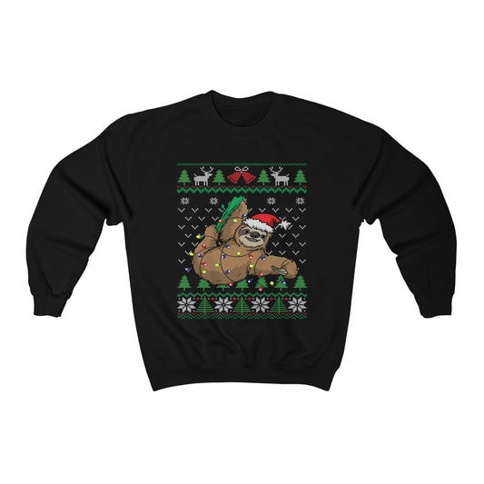 Funny Sloth Themed Ugly Christmas Sweatshirt, Cute Hanging Sloth Santa Hat & Christmas Lights, Gift for Sloth Lover Christmas Shirt