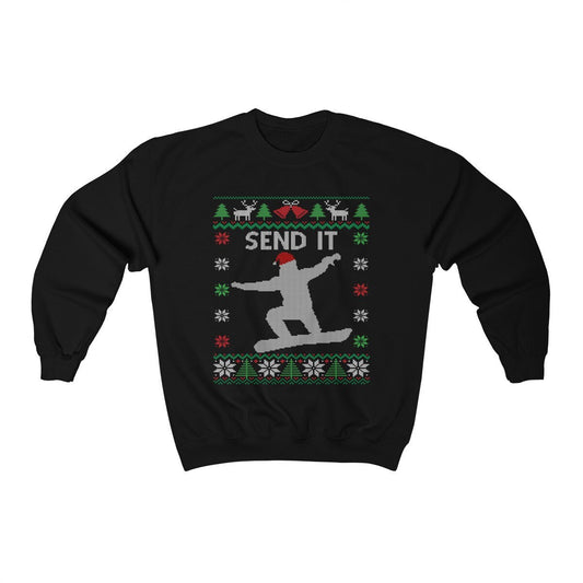 Send It Snowboard Ugly Christmas Sweatshirt | Funny Snowboarder Gift | Holiday Snowboarding Shirt | Boarding Santa