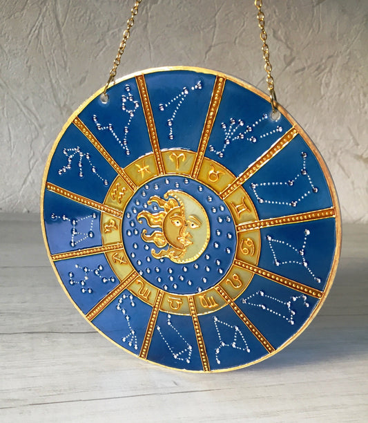 Suncatcher for Window Cobalt Blue Zodiac Sign Celestial Hanging Suncatcher Zodiac Gifts Sun Moon Stars Stained Glass Painting