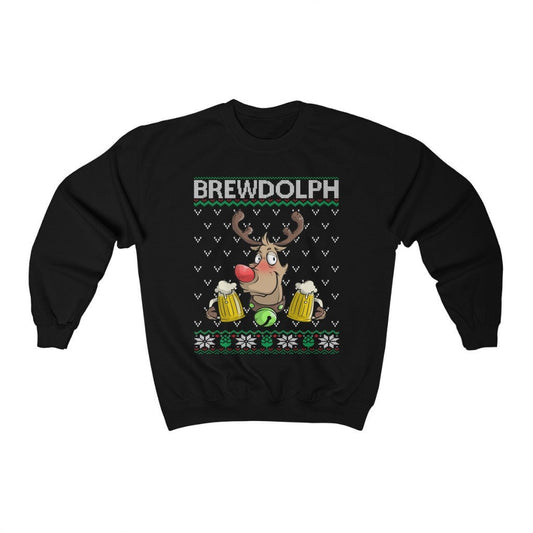 Brewdolph Sweatshirt, Beer Drinking Rudolph Ugly Christmas Shirt, Funny Beer Lover Gift for Dad Xmas Clothes Unisex Crewneck Sweatshirt
