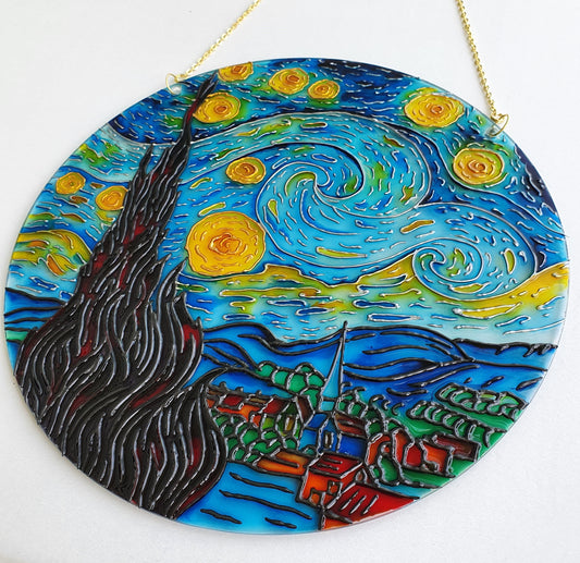Van Gogh Starry Night Stained Glass Handcrafted Painting - Round Glass Wall Art - Window Hangings - Handmade Gift for art lover