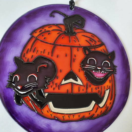 Halloween signs Pumpkin and cat decor Stained glass Suncatcher