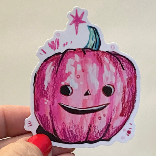 Pink Pumpkin | 3" Glossy Vinyl Sticker Decal | Waterproof Weatherproof | Jack-o-Lantern Cute Pink Smile