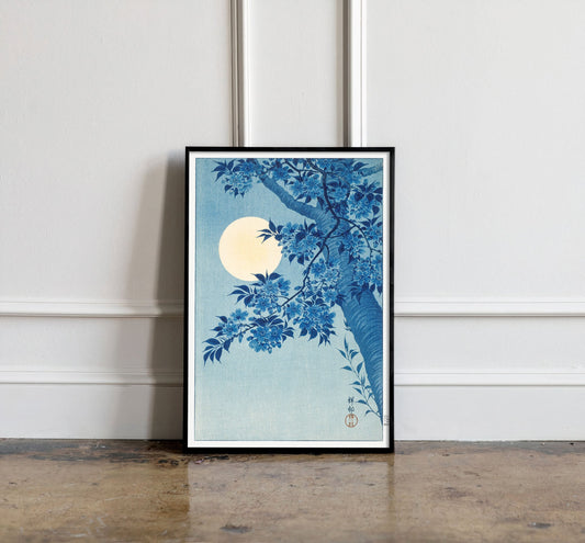 Blossoming Cherry on a Moonlit Night by Ohara Koson, Vintage Poster, Blue Vintage Print, Vintage Japanese Art, Antique Drawing Art