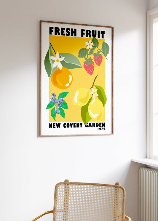 Fruit Market New Covent Garden Print - Yellow Colourful Retro Art, Groovy Kitchen Art, 1970s, Bright Bold Fruit, London Art, On Trend Poster