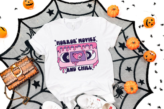Horror Movies Shirt, Horror Movies and Chill Distressed Shirt, Boo, Halloween Shirt, Spooky Season, Pumpkin T-Shirt, Halloween Night Shirt
