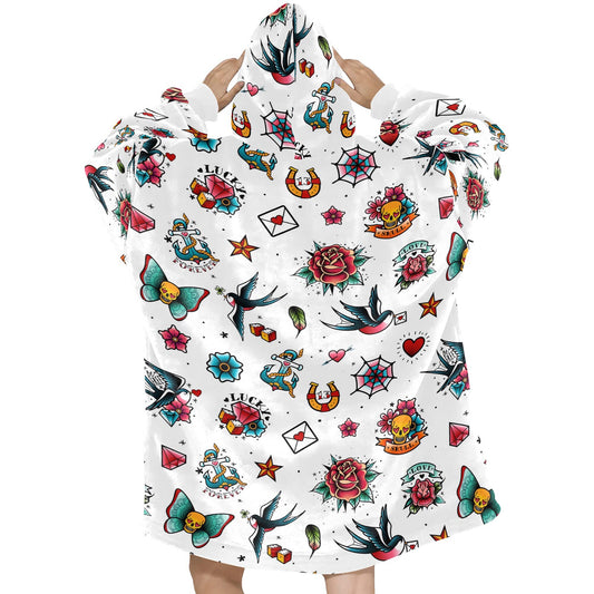White Retro Tattoo Theme Blanket Hooded Jumper Hoodie Winter Oversized Adults