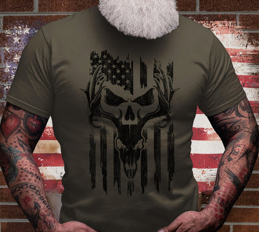 USA Deer Hunting Shirt | Antler Tee Christmas Gift Idea | Wild Life T-shirt | Hunter Cotton Jersey | Outdoor Short Sleeve | Deer Skull Shirt