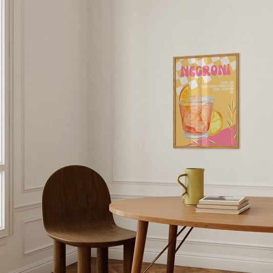 Negroni Retro Cocktail Print - Kitchen Poster, Gin Cocktail Poster, Funky Bar Print, Trendy Alcohol Recipe Art, Colourful Groovy, Orange