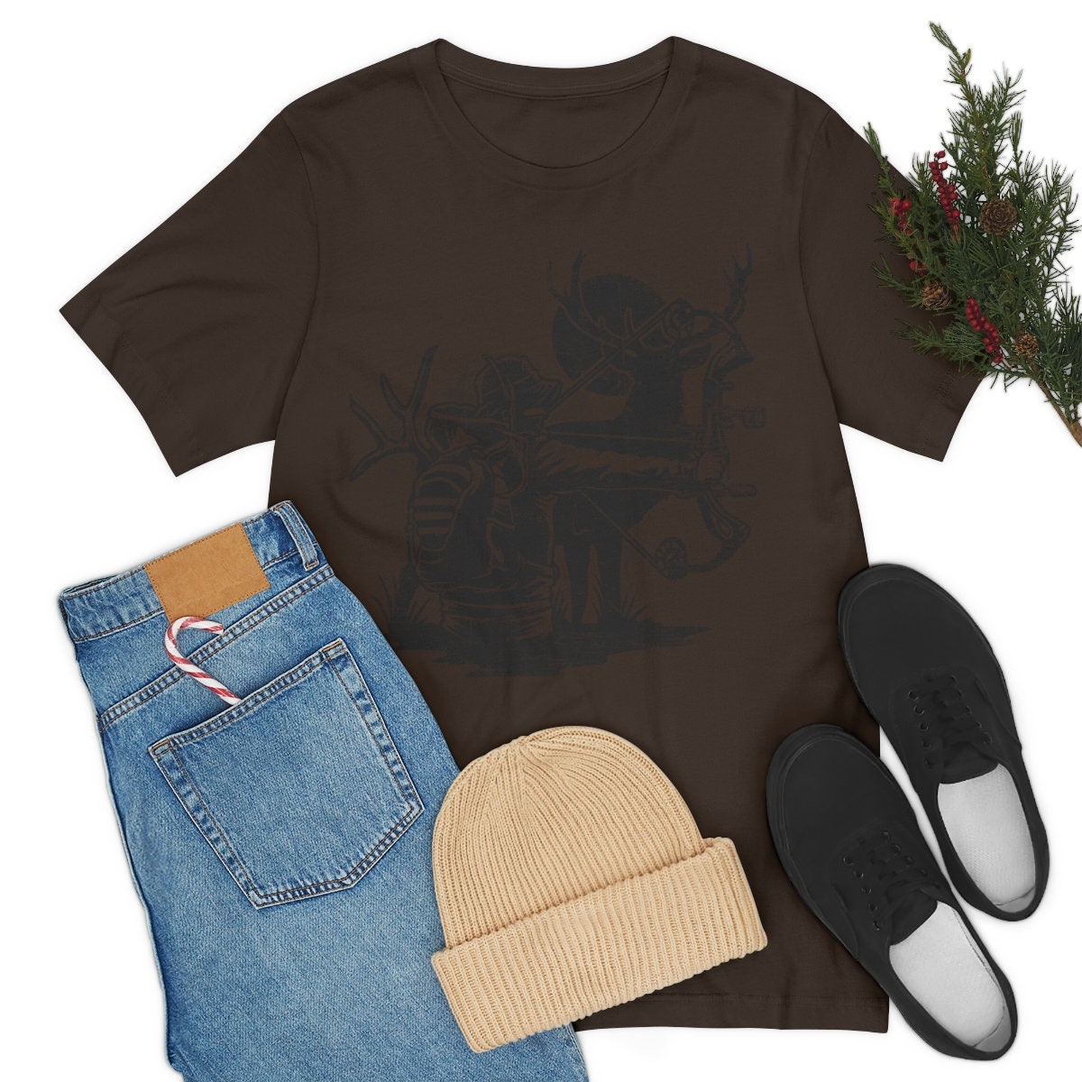 Deer Bow Hunting Shirt | Bow Hunter T-shirt | Outdoor Antler Short Sleeve | Camping Scene Cotton Jersey | Wild Life Tee | Wilderness Gifts