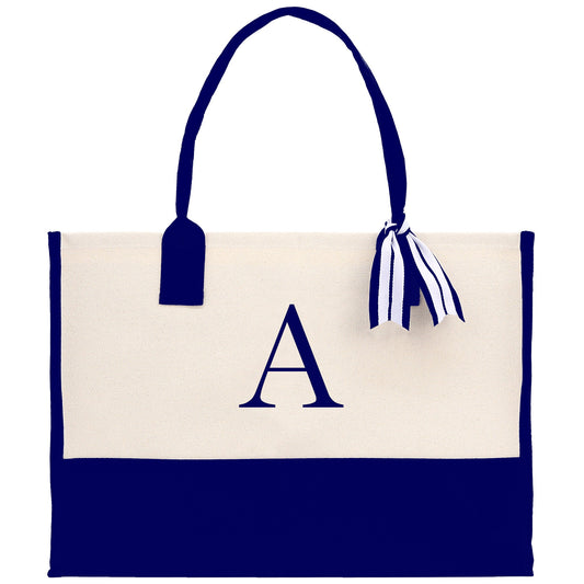 Personalized Monogram Embroidery Cotton Canvas Beach Tote Bag Initial Tote Bridesmaid Gift Tote Custom Beach Bag Gift for Her A-Z - Navy
