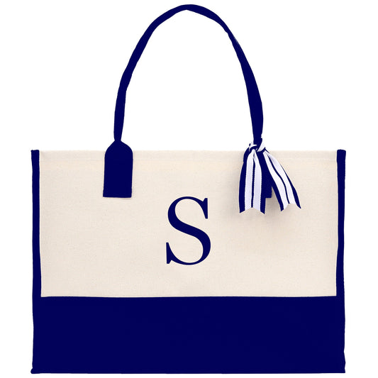 Personalized Monogram Embroidery Cotton Canvas Beach Tote Bag Initial Tote Bridesmaid Gift Tote Custom Beach Bag Gift for Her A-Z - Navy